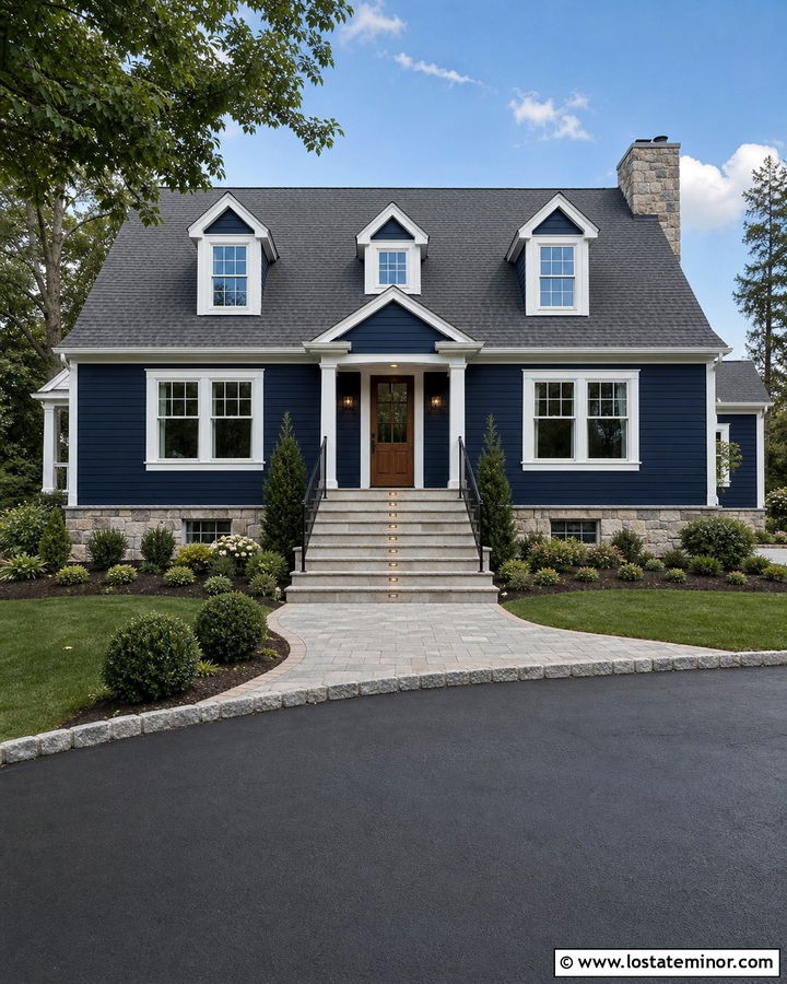 Midnight Blue House With Entry Step Lights - 30 Midnight Blue House Design With Lighting Ideas