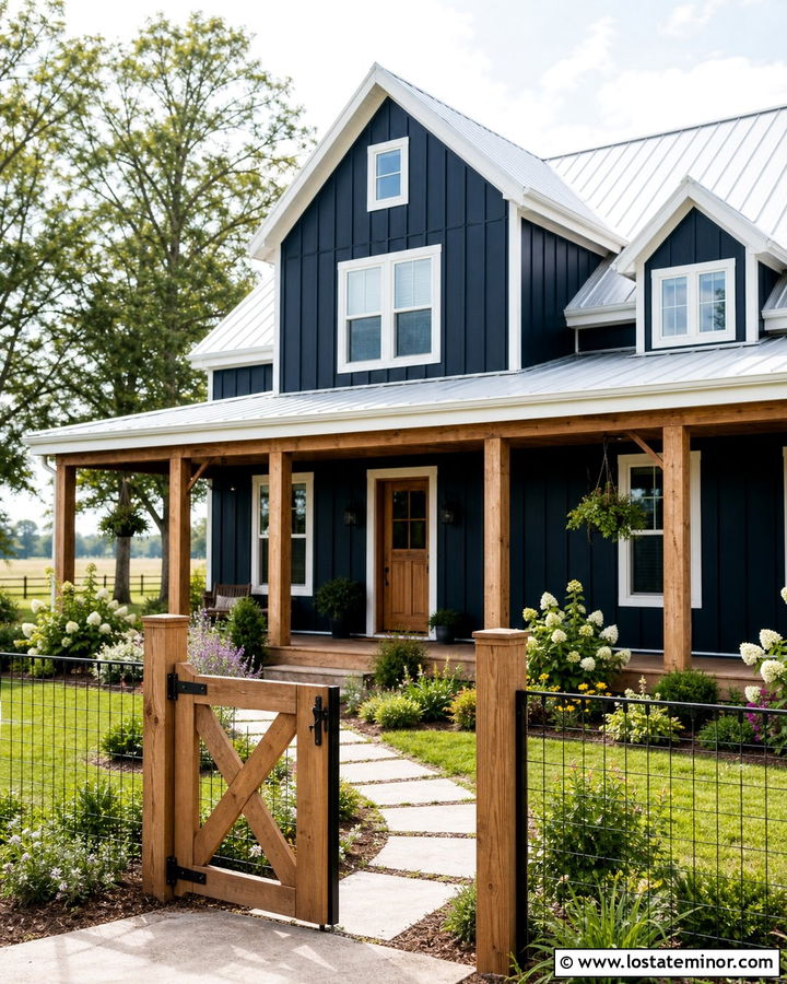 Midnight Blue House With Farmhouse Wire Fence - 30 Midnight Blue House Design With Fence Ideas