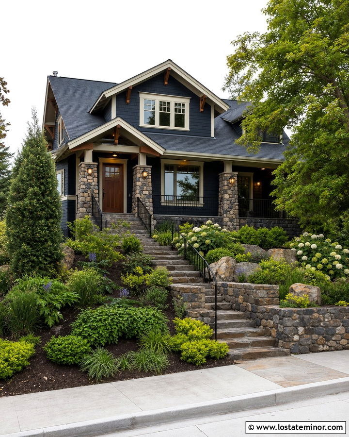 Midnight Blue House With Fieldstone Steps - 30 Midnight Blue House Design With Walkway Ideas