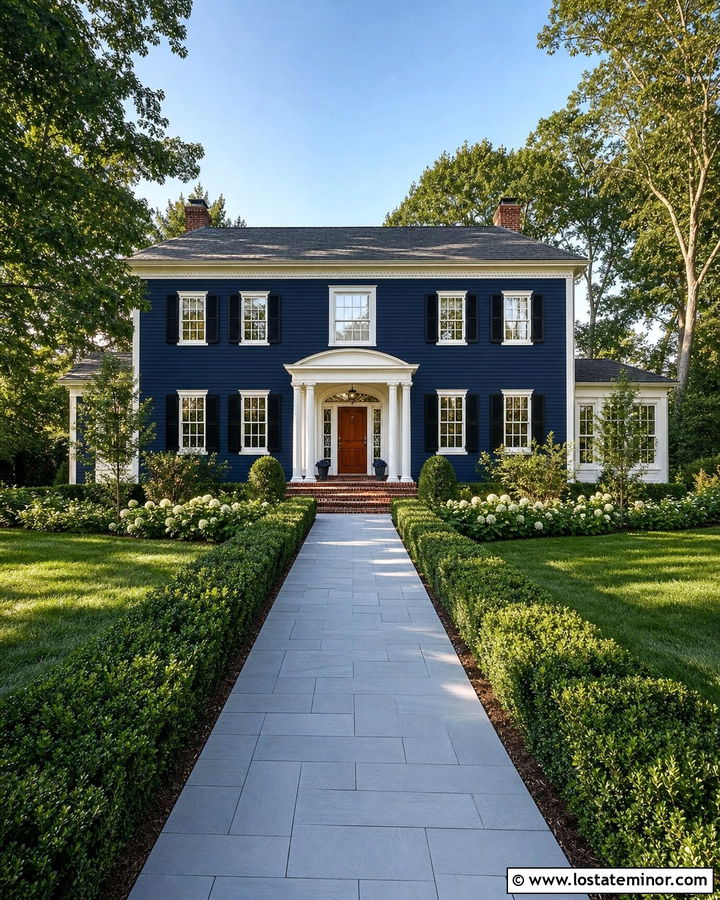 Midnight Blue House With Formal Boxwood Walkway - 30 Midnight Blue House Design With Walkway Ideas