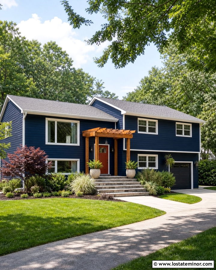 Midnight Blue House With Front Entry Pergola - 30 Midnight Blue House Design With Pergola Ideas