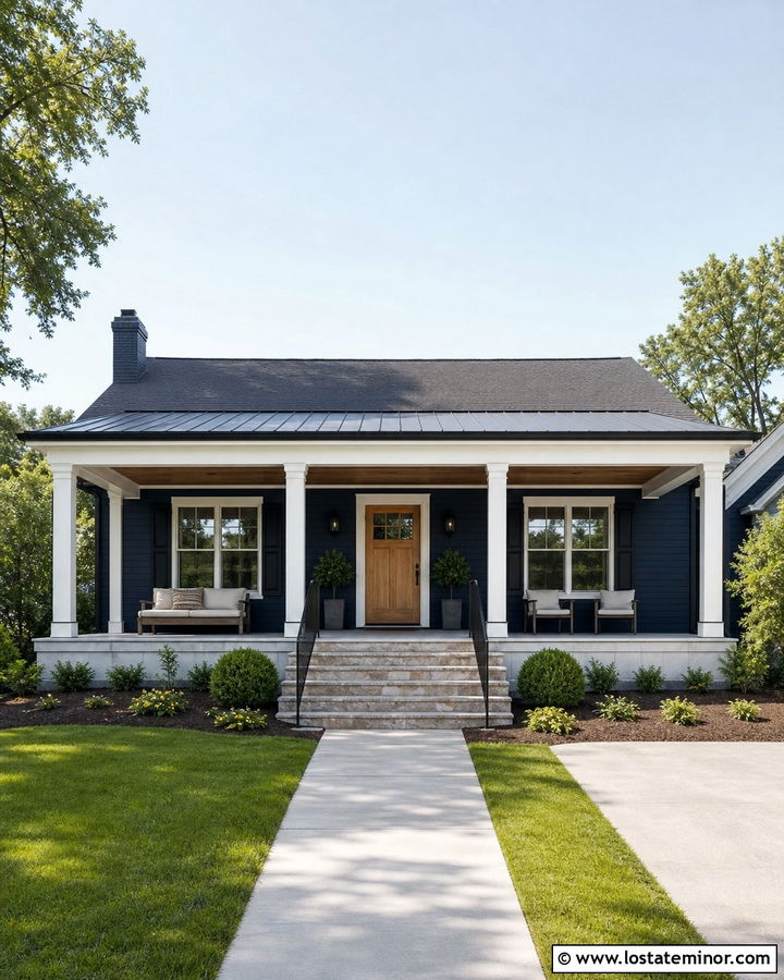 Midnight Blue House With Front Porch Awning - 30 Midnight Blue House Design With Awning Ideas