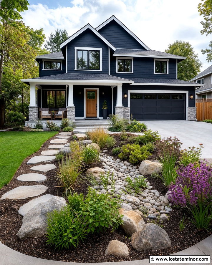 Midnight Blue House With Front Yard Rain Garden - 30 Midnight Blue House Design With Landscaping Ideas