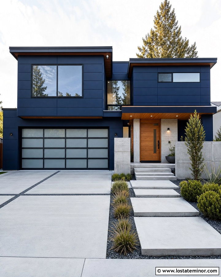 Midnight Blue House With Frosted Glass Garage Door - 30 Midnight Blue House Design With Garage Door Ideas