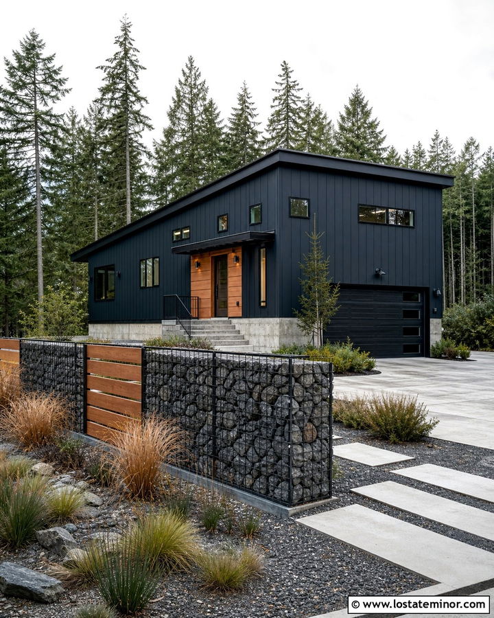 Midnight Blue House With Gabion Fence - 30 Midnight Blue House Design With Fence Ideas