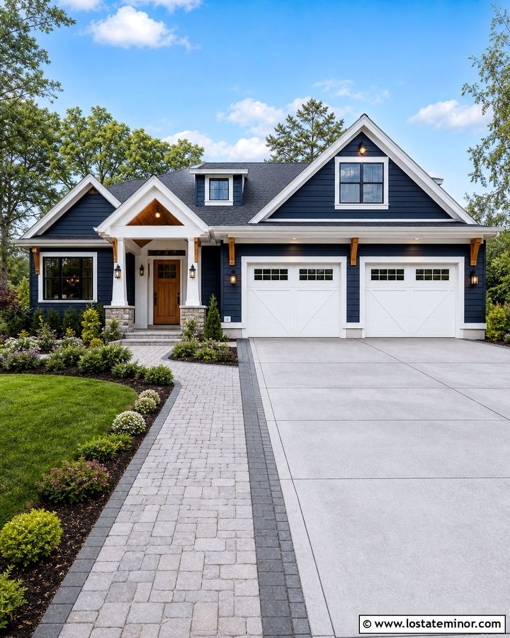 Midnight Blue House With Garage And Centered Portico - 30 Midnight Blue House Design With Portico Ideas
