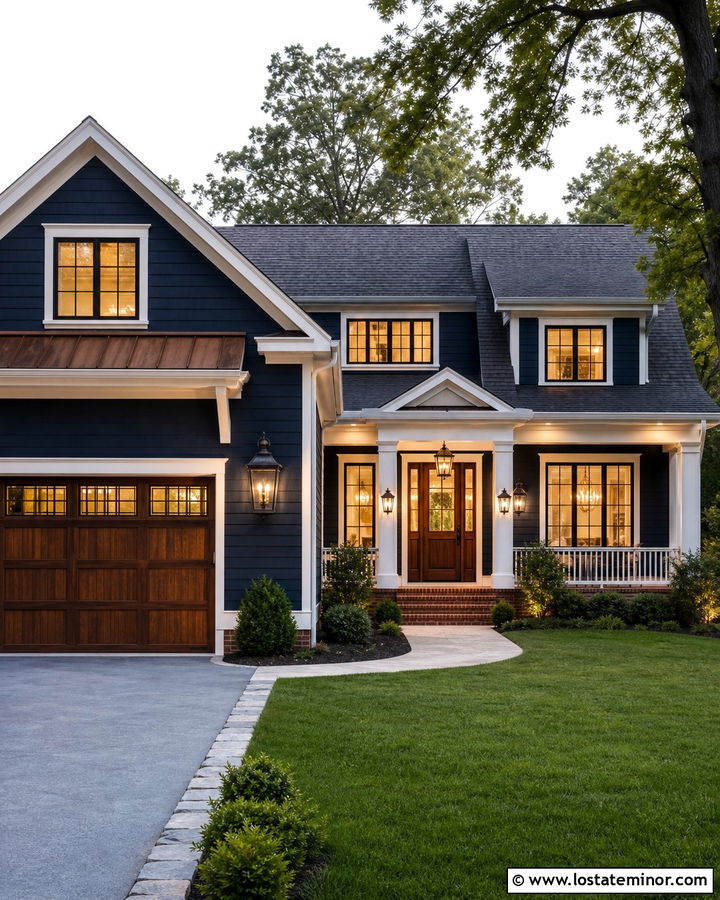 Midnight Blue House With Garage Coach Lights - 30 Midnight Blue House Design With Lighting Ideas