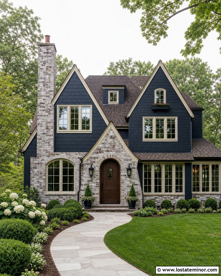 Midnight Blue House With German Schmear Brick - 30 Midnight Blue House Design With Brick Accents Ideas