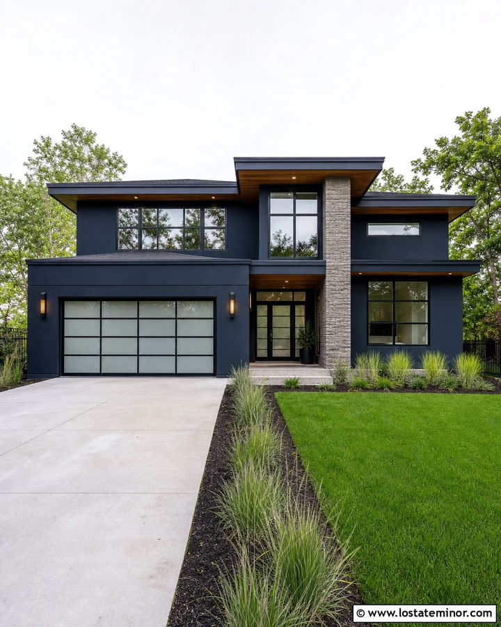 Midnight Blue House With Glass Garage Doors And Sconces - 30 Midnight Blue House Design With Lighting Ideas