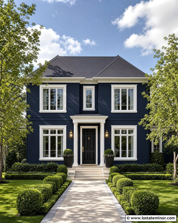Midnight Blue House With Gold Entry Lights - 30 Midnight Blue House Design With Light Fixtures Ideas