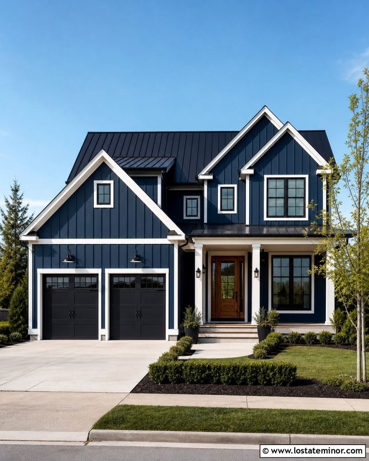 Midnight Blue House With Gooseneck Garage Lights - 30 Midnight Blue House Design With Light Fixtures Ideas