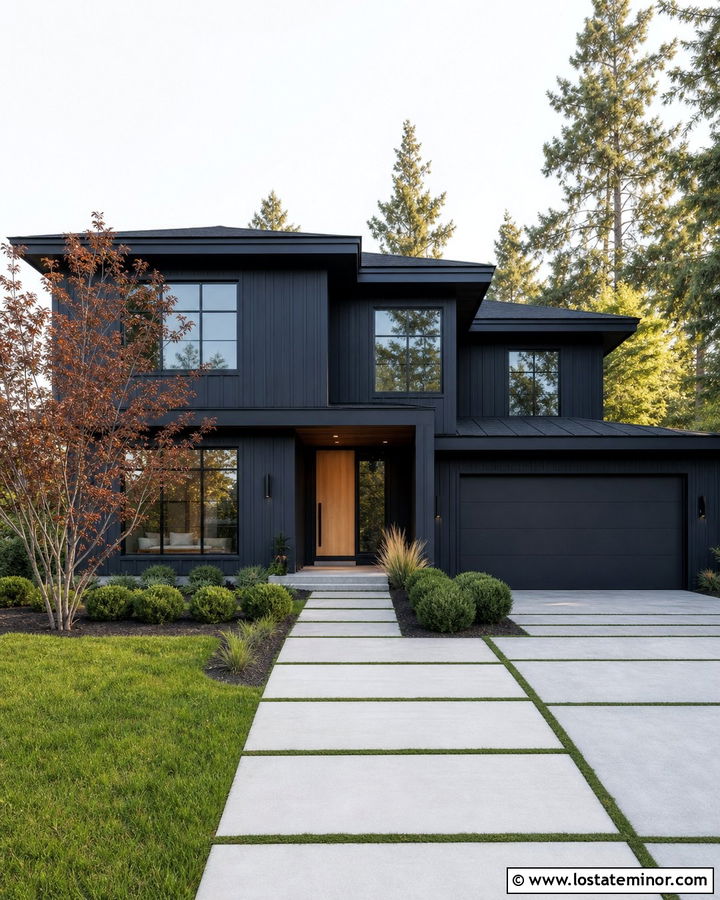 Midnight Blue House With Grass Joint Walkway - 30 Midnight Blue House Design With Walkway Ideas