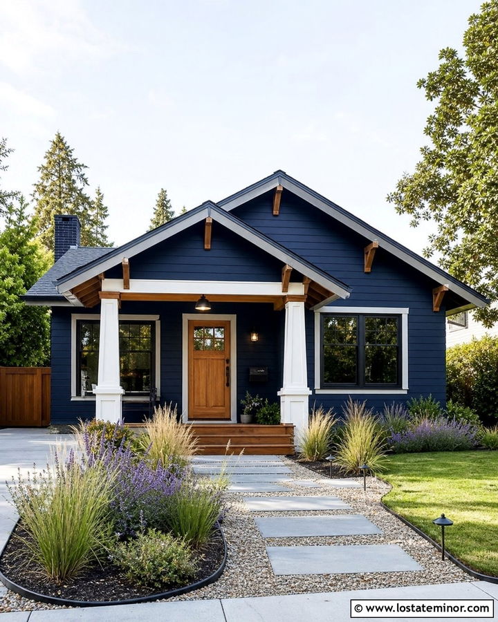 Midnight Blue House With Gravel Stepping Stone Walkway - 30 Midnight Blue House Design With Walkway Ideas