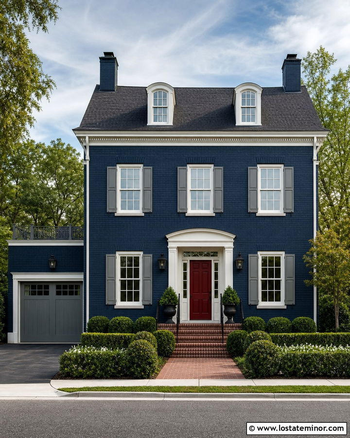 Midnight Blue House With Gray Garage And Red Door - 30 Midnight Blue House Design With Garage Door Ideas