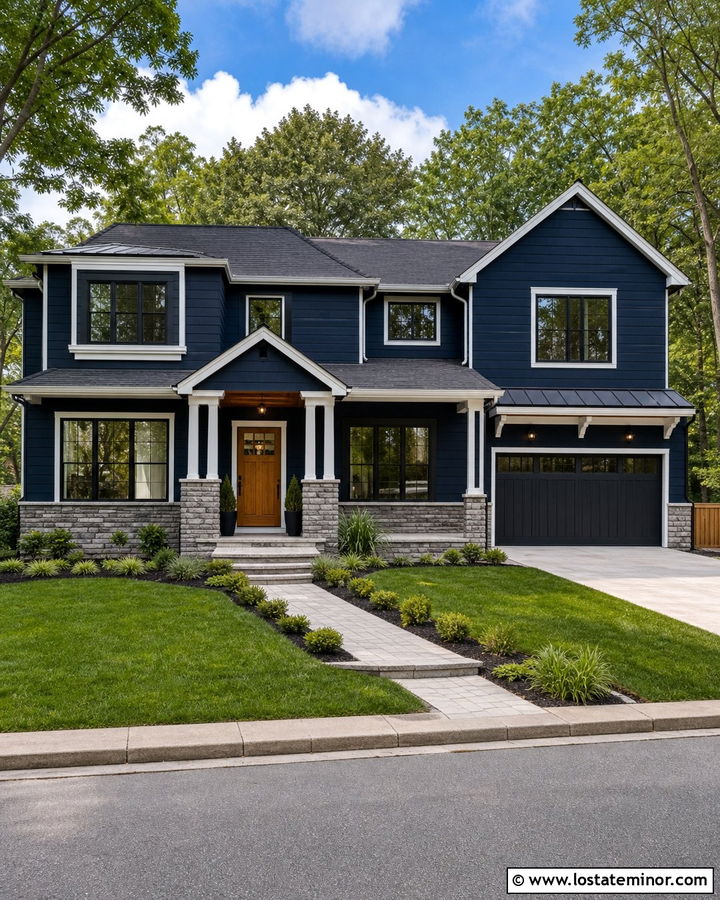 Midnight Blue House With Gray Ledgestone - 30 Midnight Blue House Design With Stone Accents Ideas