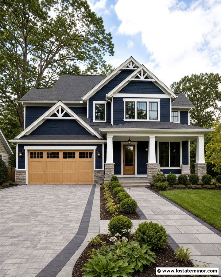 Midnight Blue House With Gray Paver Driveway - 30 Midnight Blue House Design With Driveway Ideas