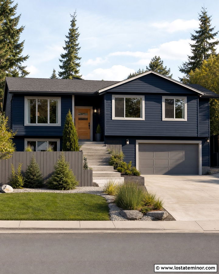 Midnight Blue House With Gray Privacy Fence - 30 Midnight Blue House Design With Fence Ideas
