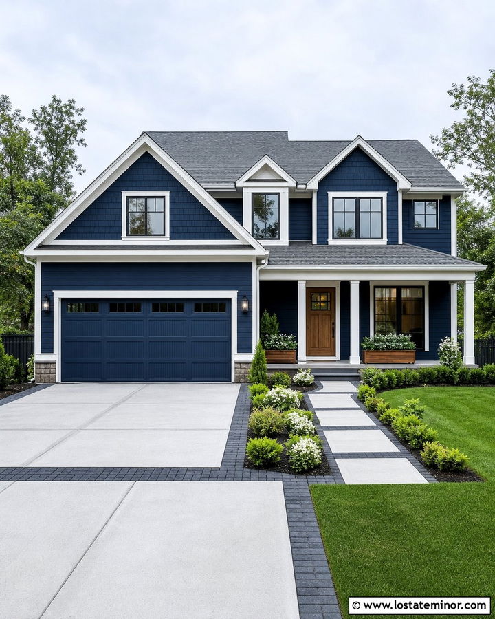 Midnight Blue House With Gray Roof And Bordered Driveway - 30 Midnight Blue House Design With Driveway Ideas