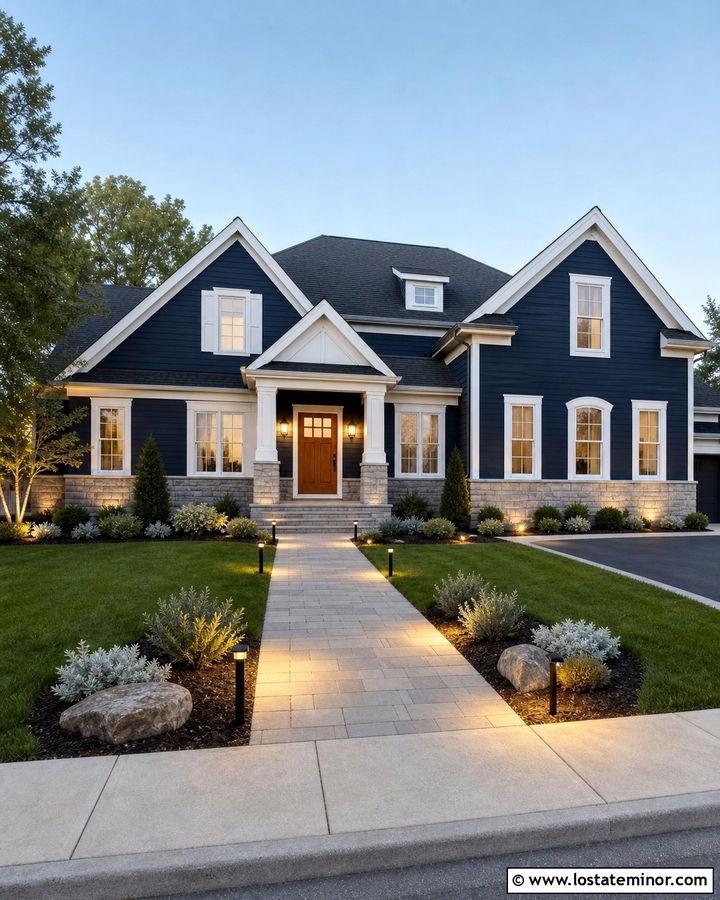 Midnight Blue House With Gray Roof And Path Lights - 30 Midnight Blue House Design With Lighting Ideas