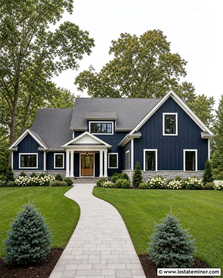 Midnight Blue House With Gray Roof And Portico - 30 Midnight Blue House Design With Portico Ideas