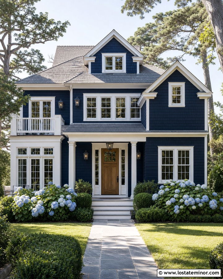 Midnight Blue House With Gray Roof and Pewter Lights - 30 Midnight Blue House Design With Light Fixtures Ideas
