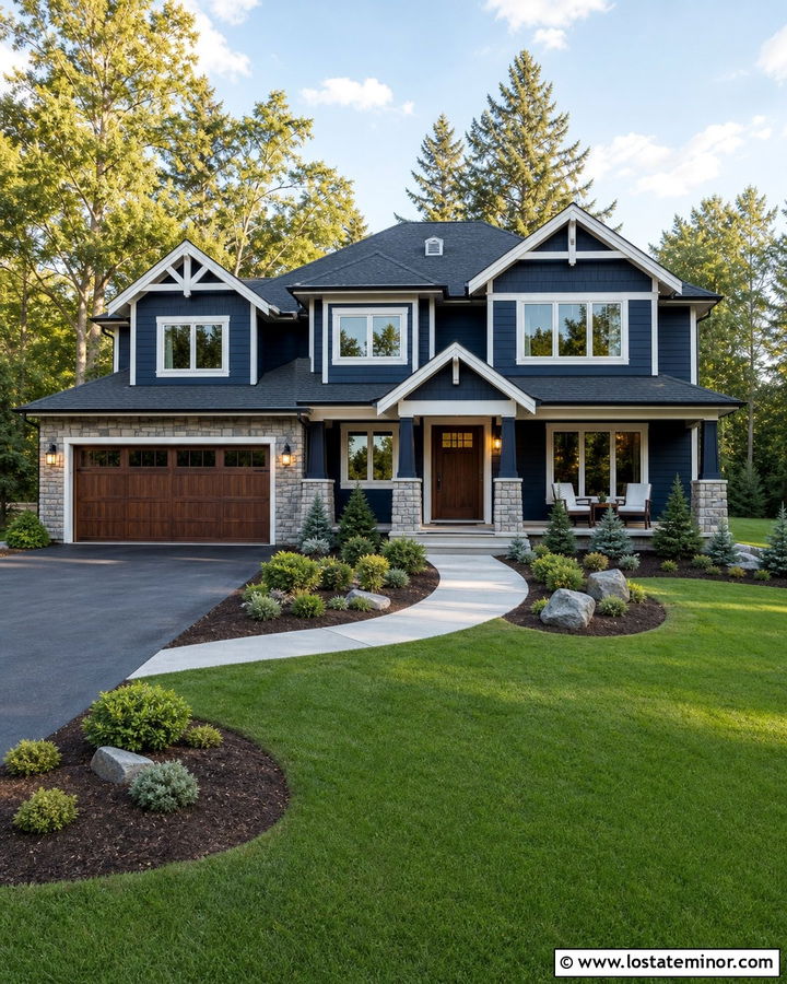Midnight Blue House With Gray Stone And White Trim - 30 Midnight Blue House Design With Accents Ideas