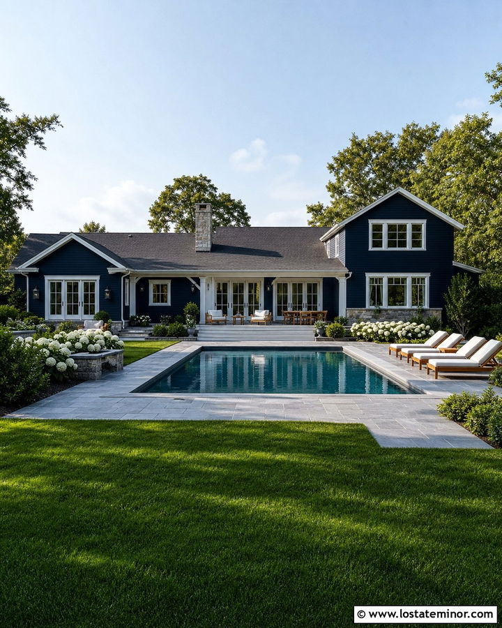 Midnight Blue House With Gray Stone Pool Patio - 30 Midnight Blue House Design With Backyard Ideas