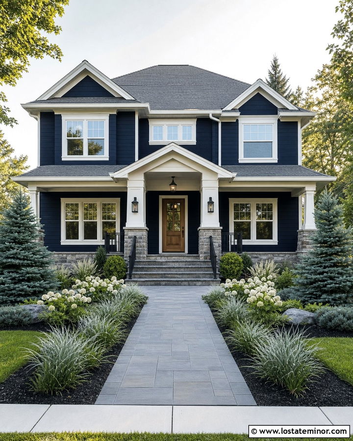 Midnight Blue House With Gray Stone Porch - 30 Midnight Blue House Design With Front Porch Ideas