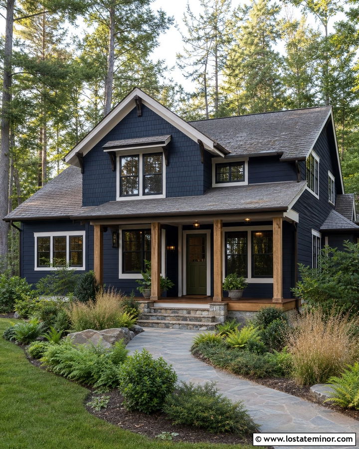 Midnight Blue House With Green Door And Downlights - 30 Midnight Blue House Design With Lighting Ideas
