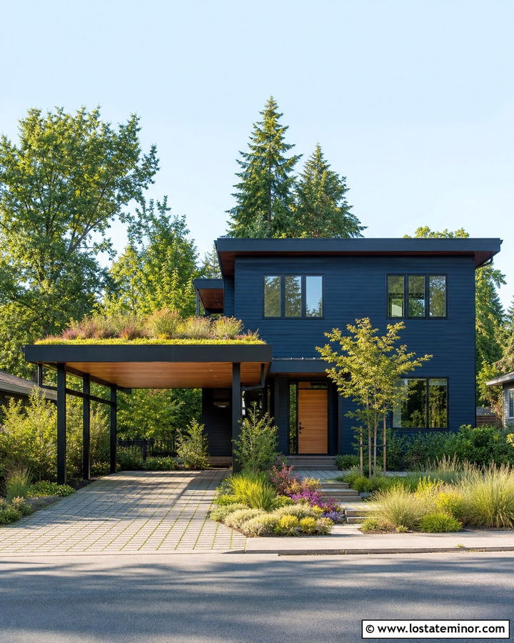 Midnight Blue House With Green Roof Carport - 30 Midnight Blue House Design With Carport Ideas