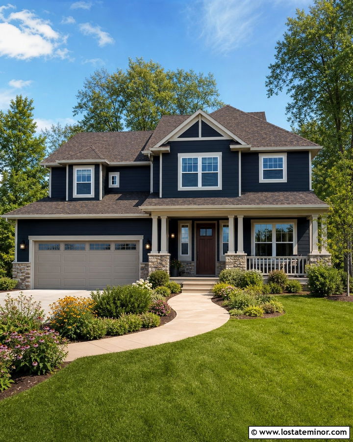 Midnight Blue House With Greige Garage Door - 30 Midnight Blue House Design With Garage Door Ideas