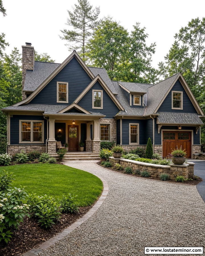 Midnight Blue House With Greige Trim And Stone - 30 Midnight Blue House Design With Stone Accents Ideas