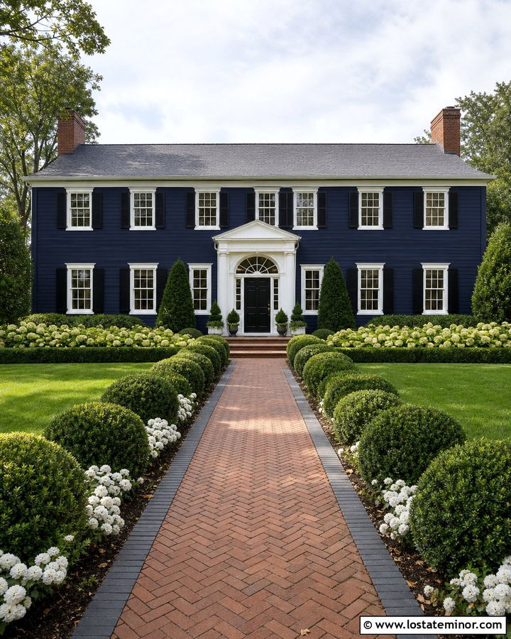 Midnight Blue House With Herringbone Brick Walkway - 30 Midnight Blue House Design With Walkway Ideas