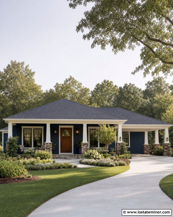 Midnight Blue House With Hip Roof Carport - 30 Midnight Blue House Design With Carport Ideas