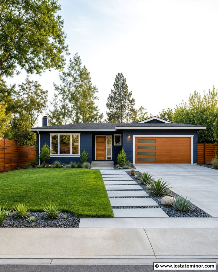 Midnight Blue House With Horizontal Wood Fence - 30 Midnight Blue House Design With Fence Ideas