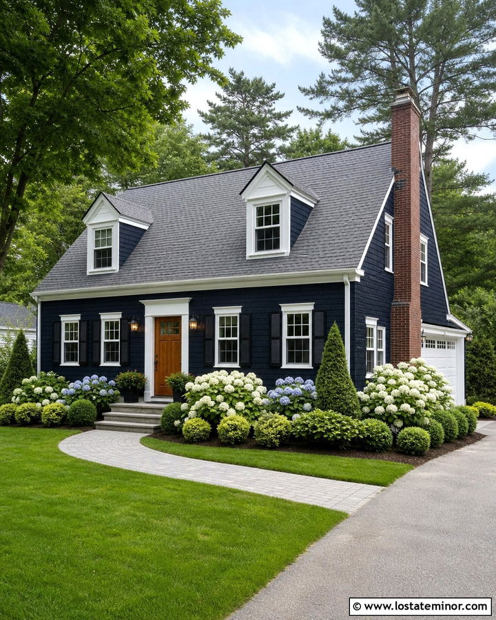 Midnight Blue House With Hydrangea Foundation Beds - 30 Midnight Blue House Design With Landscaping Ideas