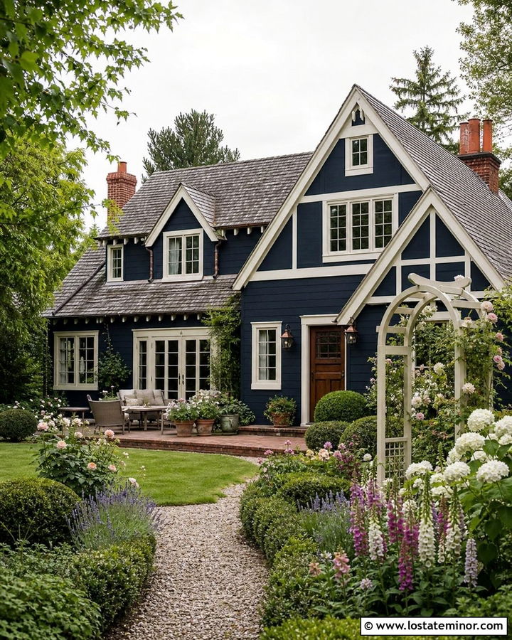 Midnight Blue House With Ivory Trim And English Garden - 30 Midnight Blue House Design With Backyard Ideas