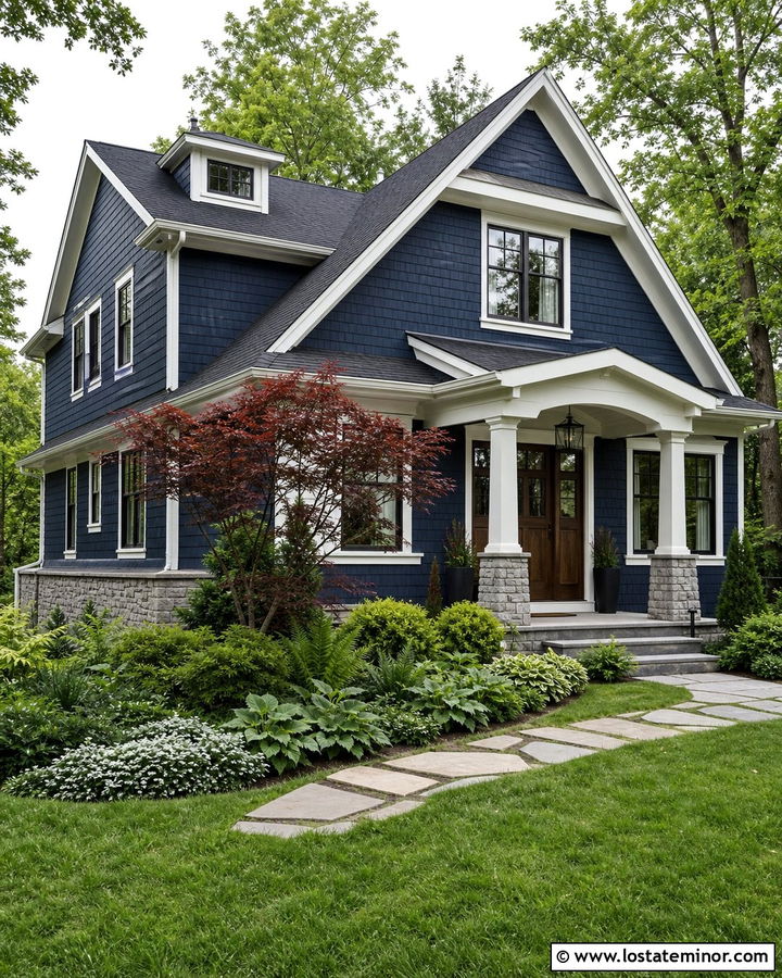 Midnight Blue House With Japanese Maple Front Yard - 30 Midnight Blue House Design With Front Yard Ideas