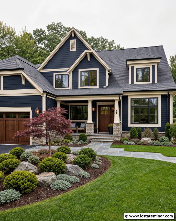 Midnight Blue House With Japanese Maple Landscaping - 30 Midnight Blue House Design With Landscaping Ideas