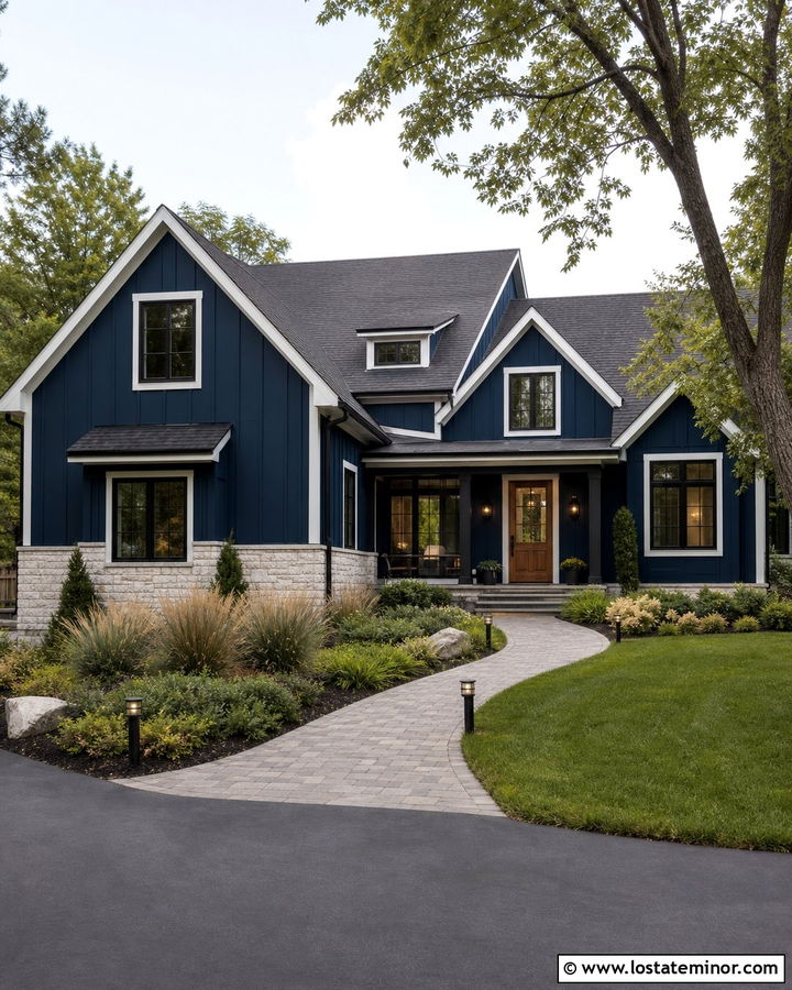 Midnight Blue House With Landscape Path Lights - 30 Midnight Blue House Design With Light Fixtures Ideas