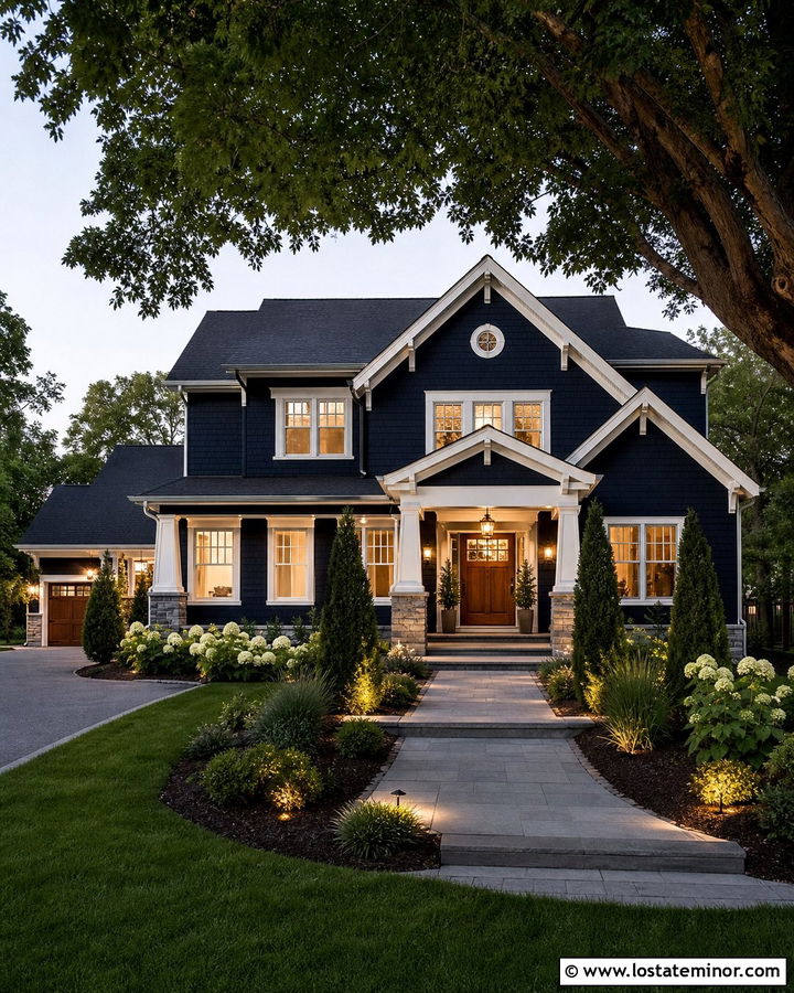 Midnight Blue House With Landscape Uplighting - 30 Midnight Blue House Design With Lighting Ideas