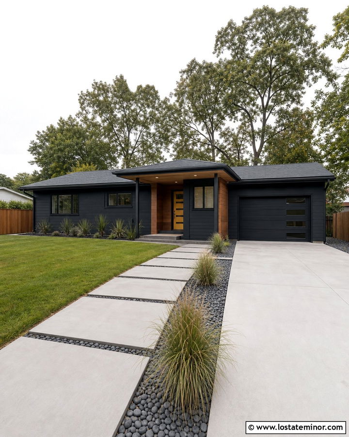 Midnight Blue House With Large Concrete Slab Walkway - 30 Midnight Blue House Design With Walkway Ideas