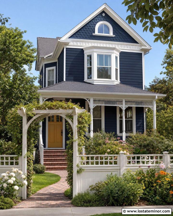 Midnight Blue House With Lattice Top Fence - 30 Midnight Blue House Design With Fence Ideas