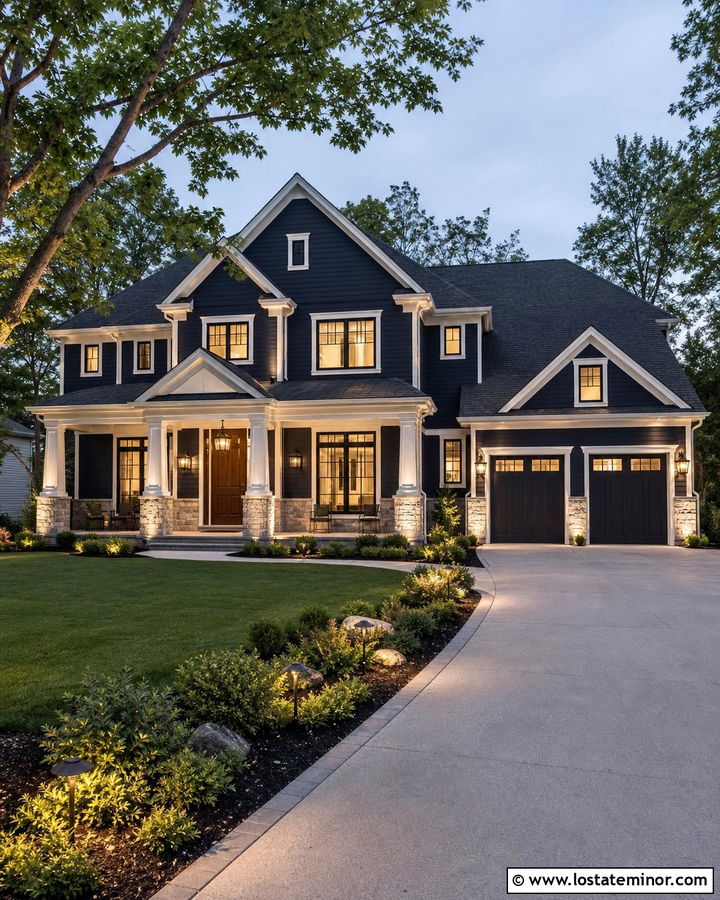 Midnight Blue House With Layered Exterior Lighting - 30 Midnight Blue House Design With Lighting Ideas