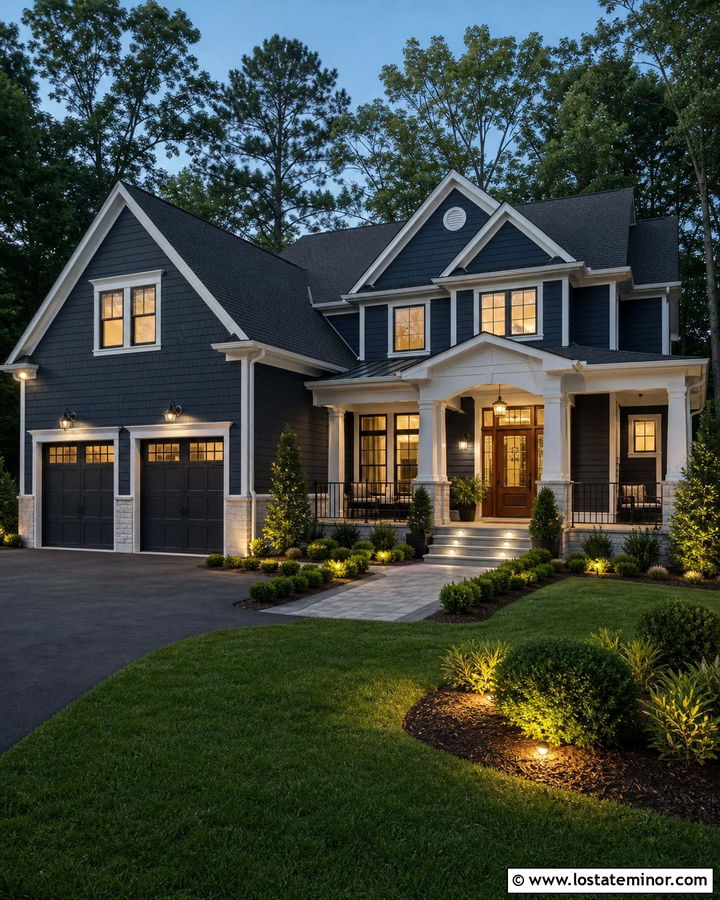 Midnight Blue House With Layered Exterior Lighting - 30 Midnight Blue House Design With Light Fixtures Ideas