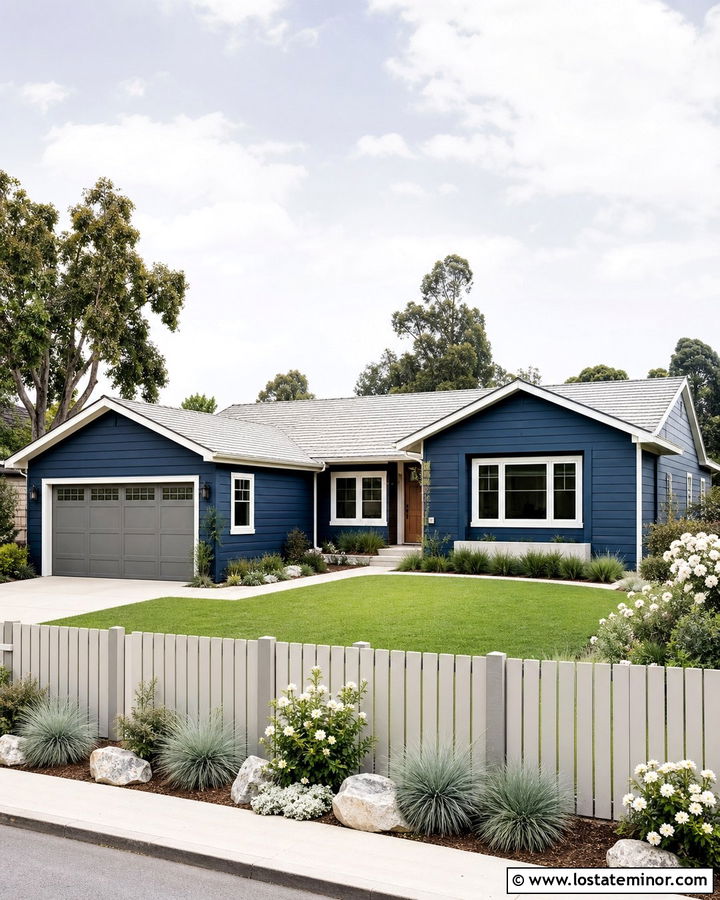 Midnight Blue House With Light Gray Fence - 30 Midnight Blue House Design With Fence Ideas