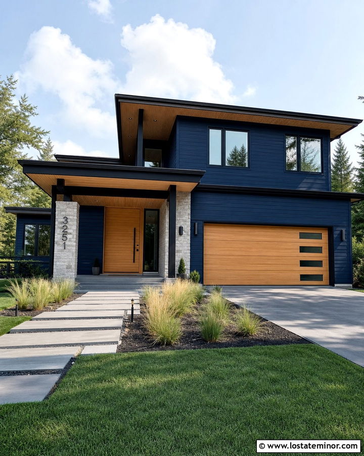 Midnight Blue House With Light Wood Slat Ceiling - 30 Midnight Blue House Design With Porch Ceiling Ideas