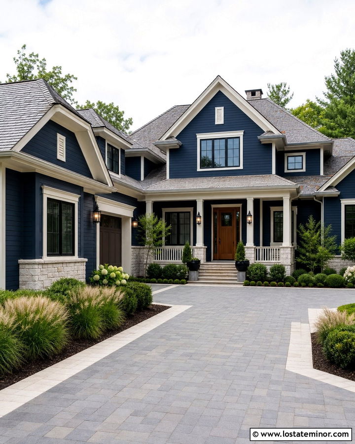 Midnight Blue House With Limestone And Paver Driveway - 30 Midnight Blue House Design With Driveway Ideas