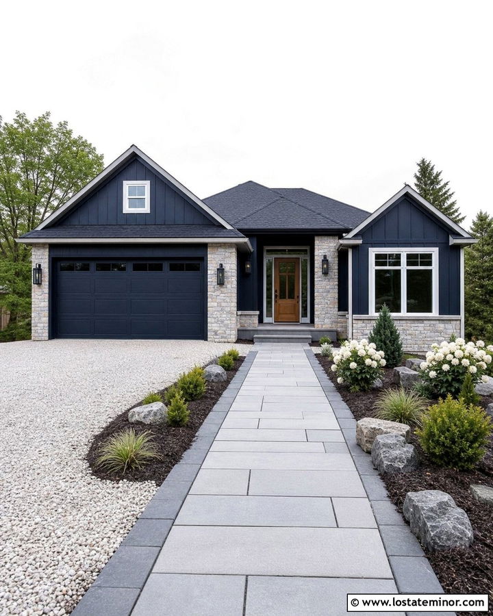 Midnight Blue House With Low Maintenance Front Yard - 30 Midnight Blue House Design With Front Yard Ideas