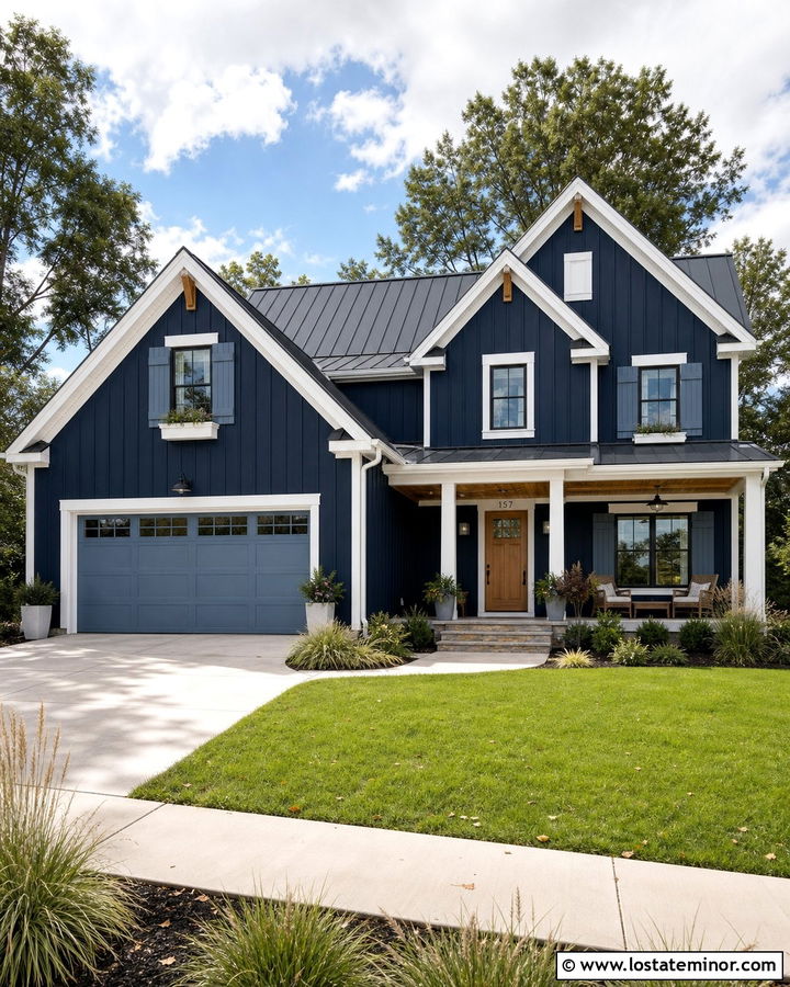 Midnight Blue House With Medium Blue Garage Door - 30 Midnight Blue House Design With Garage Door Ideas
